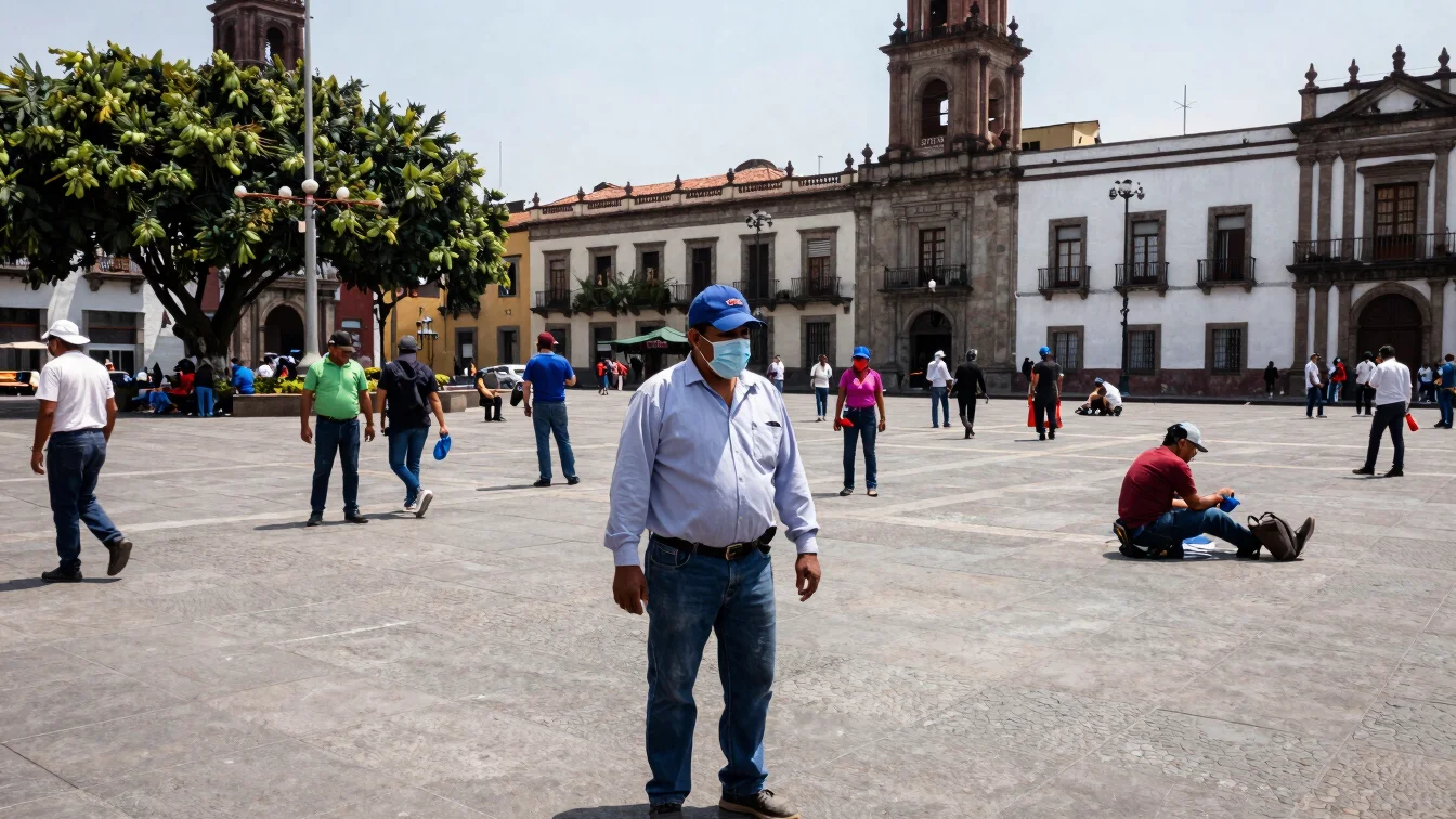 Documentary photojournalism, authentic street photography of workers in a public square in Mexico, crisp focus.