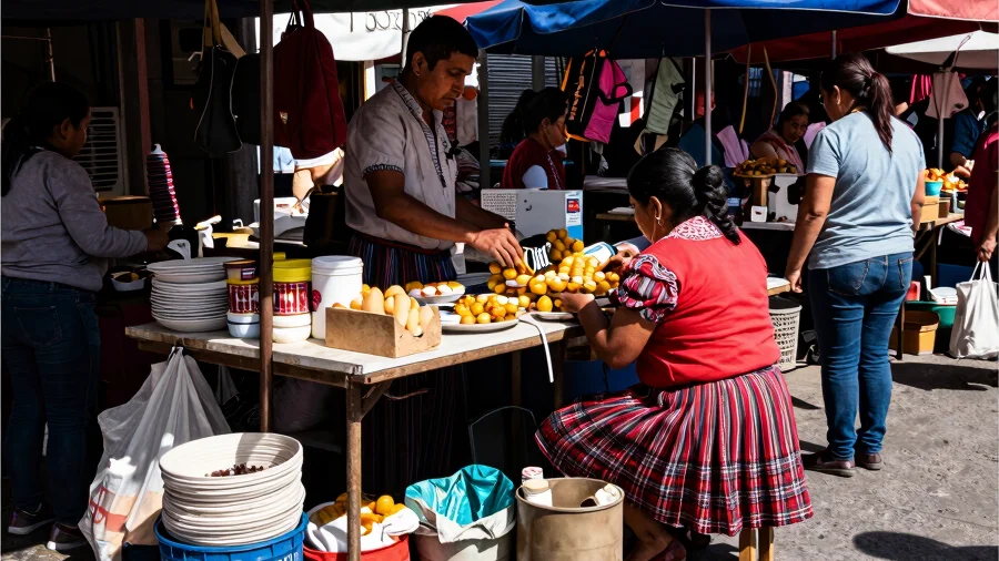 Documentary photojournalism, authentic street photography of a traditional market stall in Mexico, natural light.
