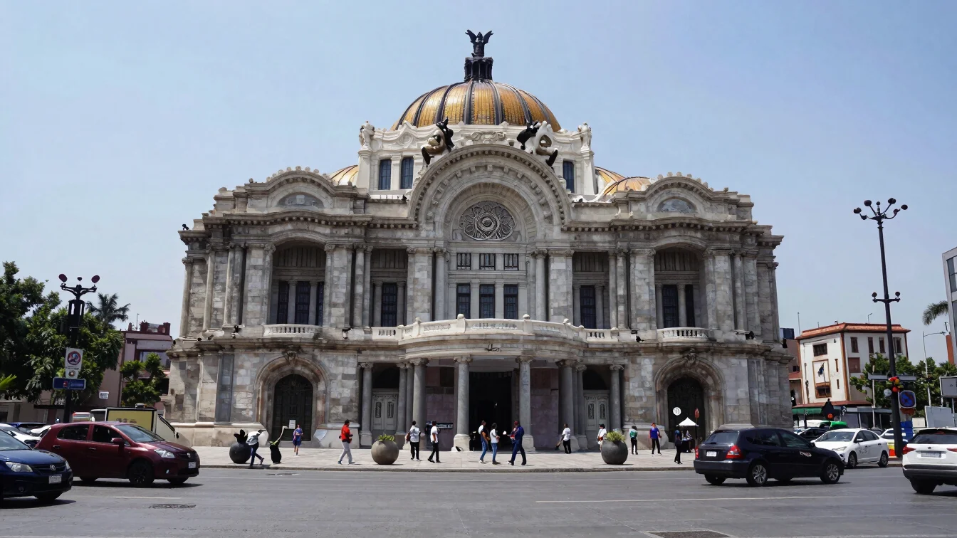 Public architecture and street view in Mexico under sharp daylight, authentic documentary photojournalism.