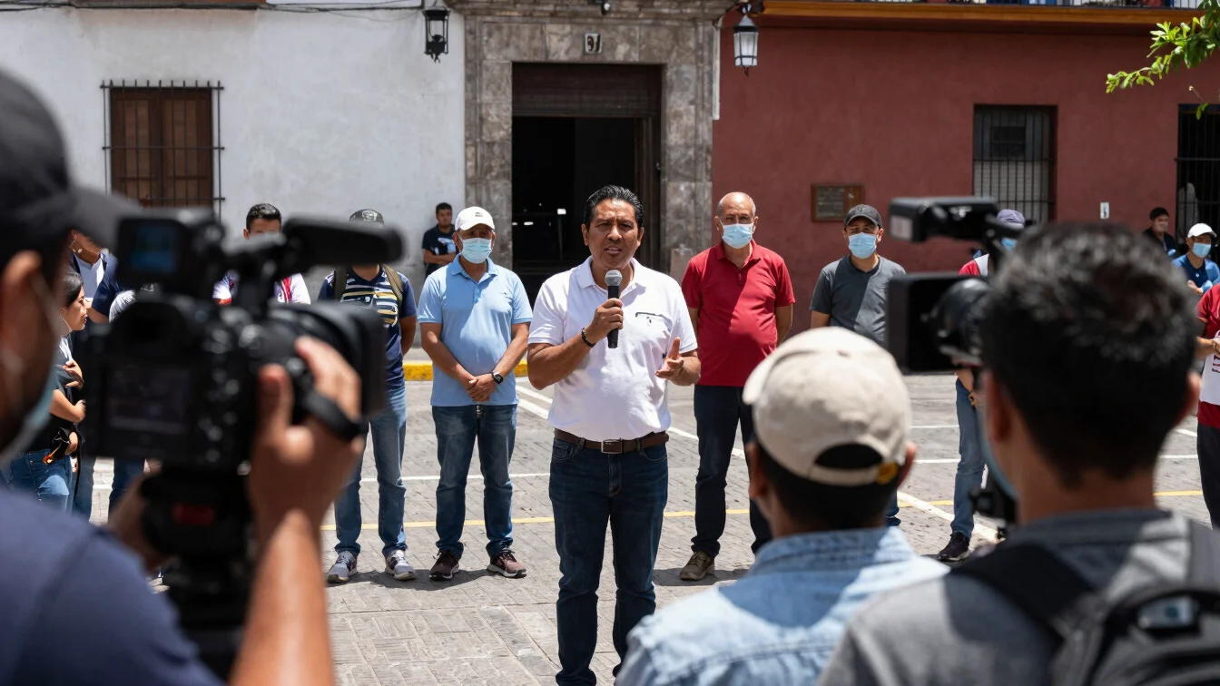 Press conference setting in Mexico with documentary lighting, sharp daylight contrast, authentic photojournalism.