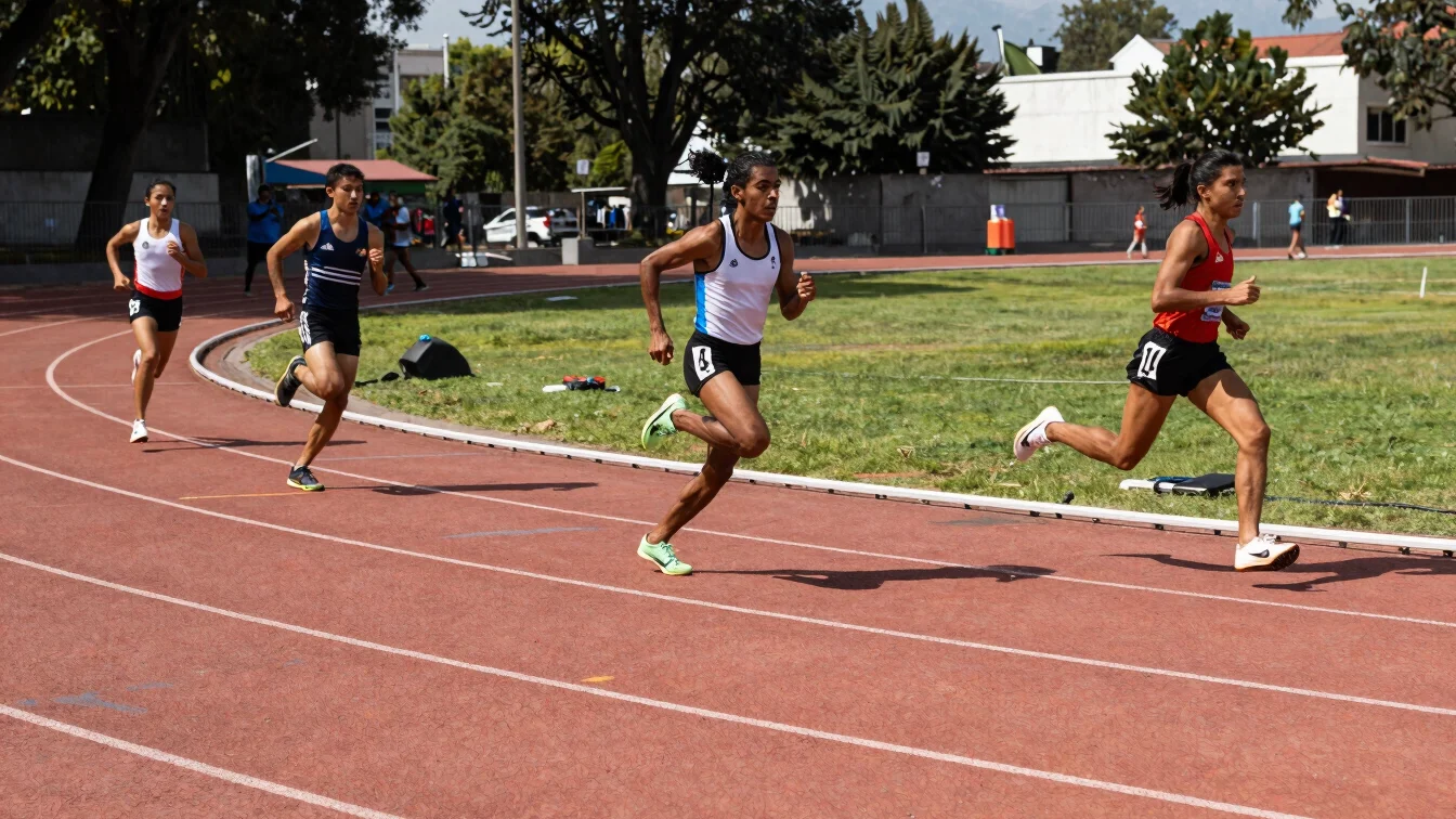 Documentary photojournalism of athletes running on an urban track in Mexico, sharp daylight contrast, crisp focus, unret