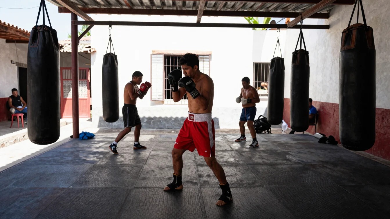 Authentic street photography of a boxing training session in a traditional gym in Mexico, natural lighting, high-contras
