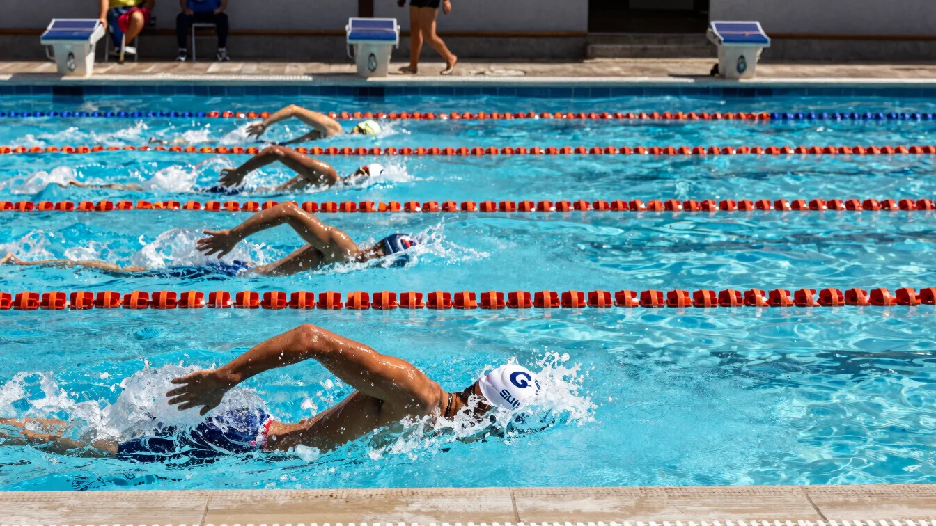 Documentary photojournalism of swimmers preparing for competition at a public pool in Mexico, sharp daylight contrast, u