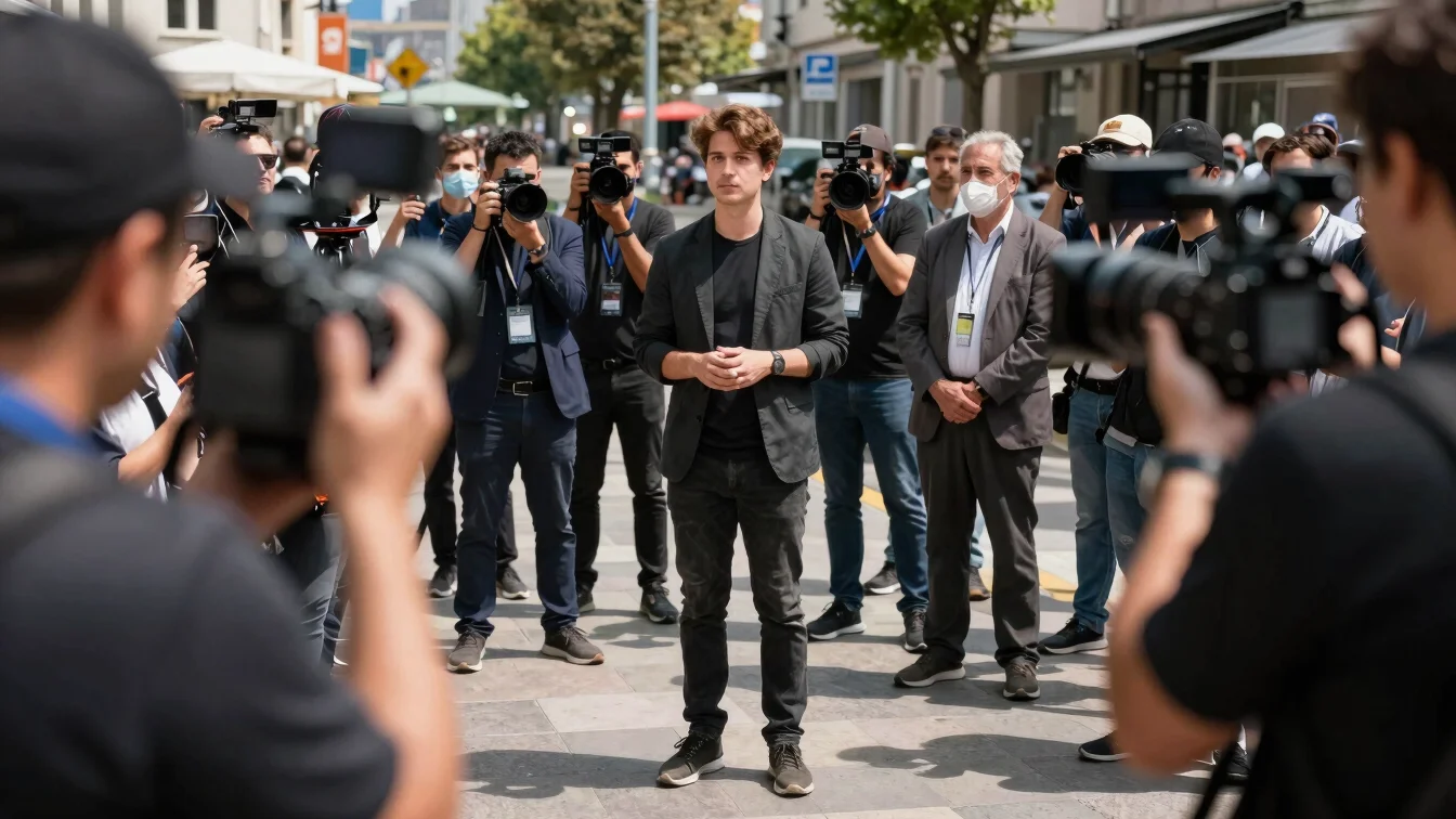 Press conference moment, documentary photojournalism, natural daylight shadows