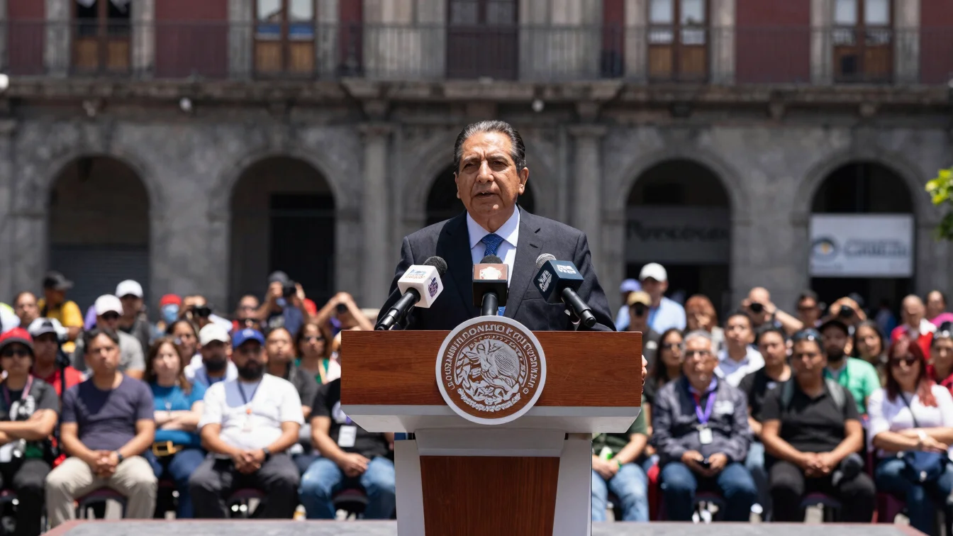Documentary photojournalism of a press conference podium in Mexico City under direct daylight, crisp focus, authentic st