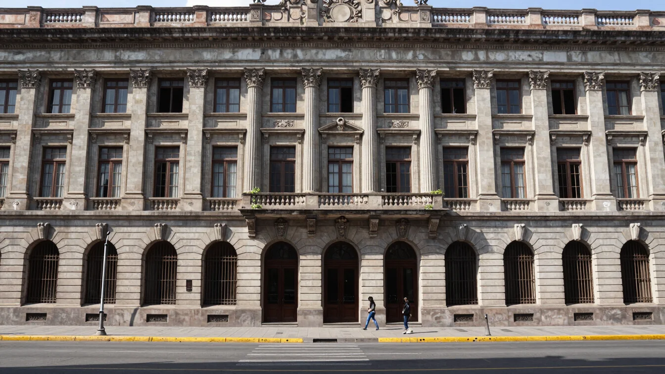 Urban daylight contrast shot of a public government building facade in Mexico, unretouched realistic editorial.