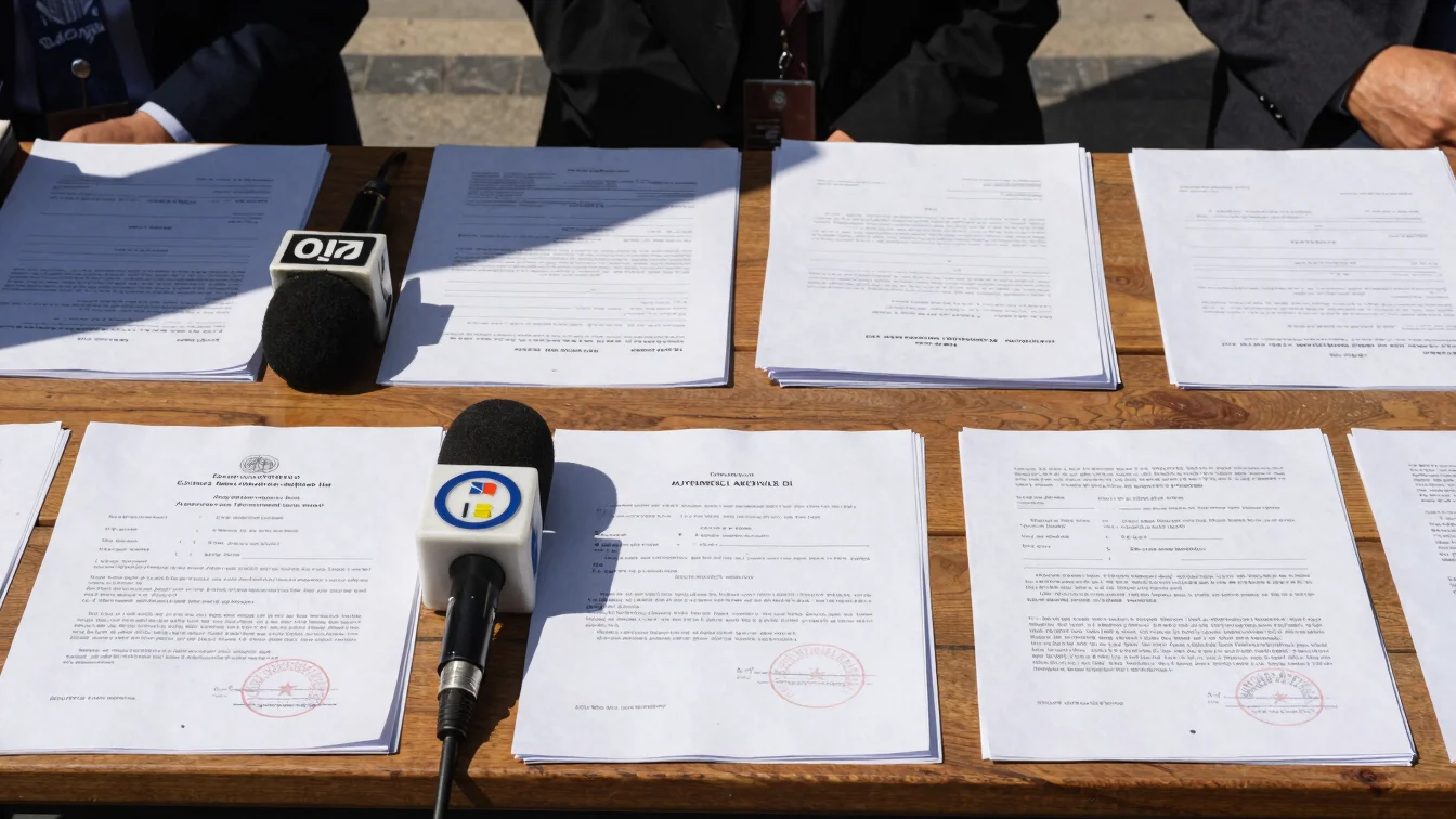 Authentic photojournalism of official documents and press microphones on a wooden desk under natural daylight.
